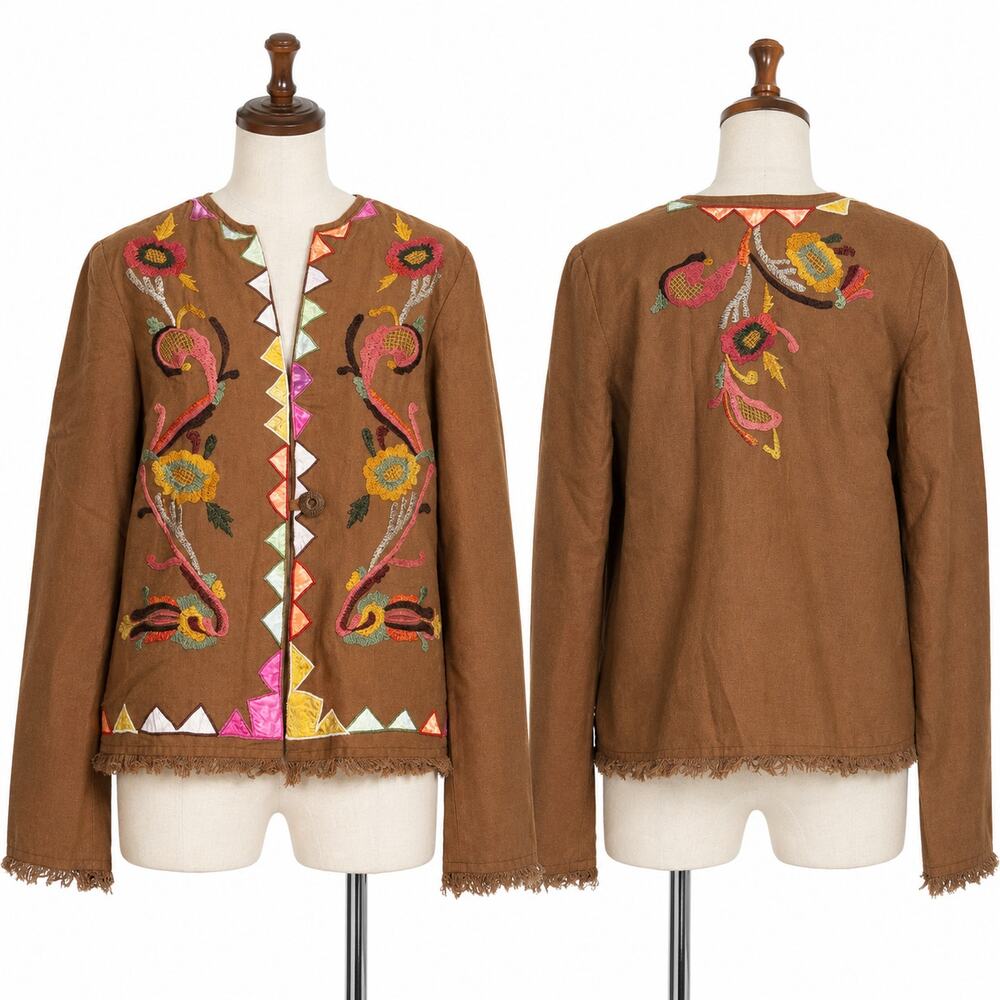 Indigo Moon Embroidered Jacket Women's XS Brown Floral Boho Cotton Linen India
